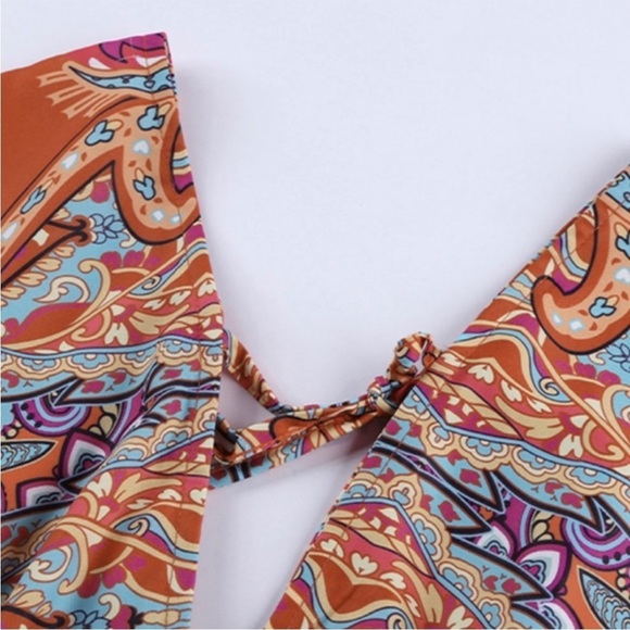 New Multicolour V Neck 3/4 Sleeve Bohemian Vintage Print Mini Dress - Picture 8 of 10